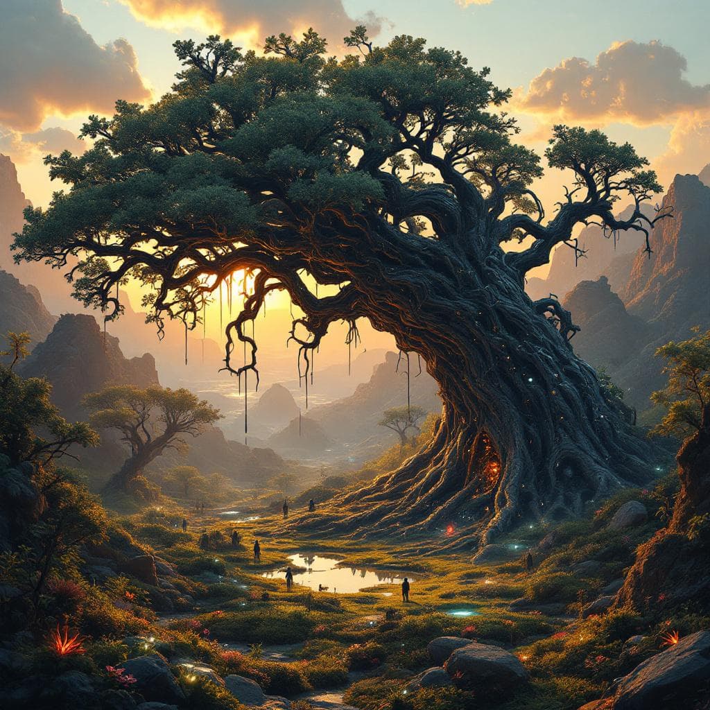 AI generated: A biomechanical-inspired futuristic landscape showcases an aerial view of an alien planet. In the fo...