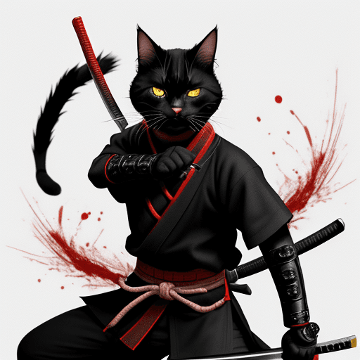 AI generated: samurai-cat, katana on belt, yellow eyes, black and white picture, black and red smudges --v 4