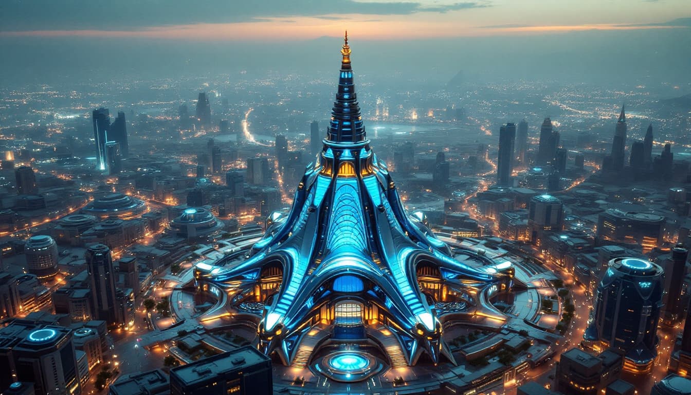 AI generated: The Central bank as seen from above : this imposing building in the busy center of a futuristic city...