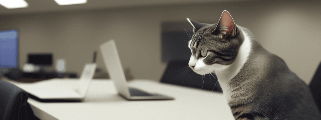 AI generated: The photo shows a cat in a business suit sitting at a table in front of a computer in what appears t...