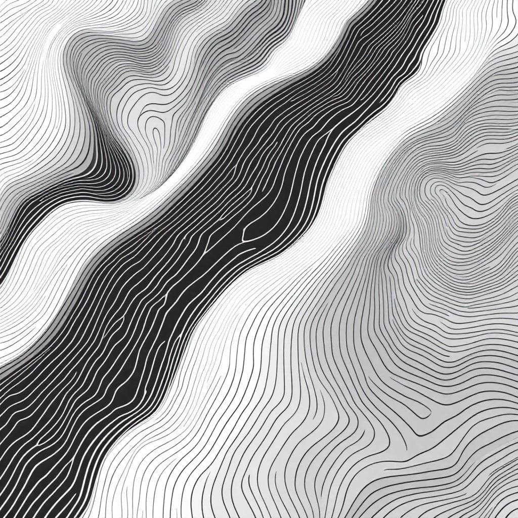 AI generated: Minimalist abstract topographic line art on a white. Smooth, flowing contour lines in black, gently ...