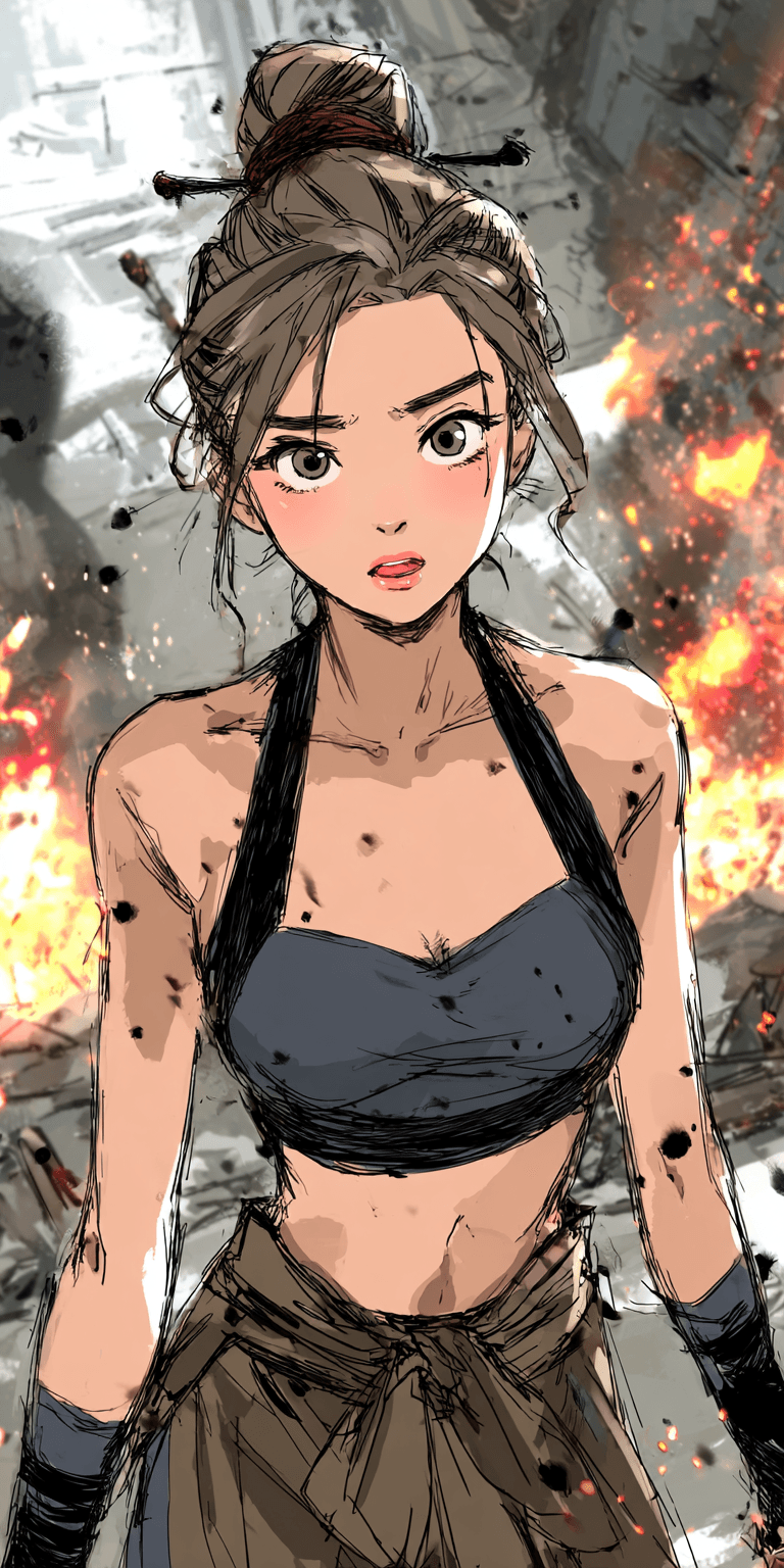AI generated: woman standing in front of fiery clouds, in the style of artgerm --chaos 75 --ar 1:2 --raw --sref 41...