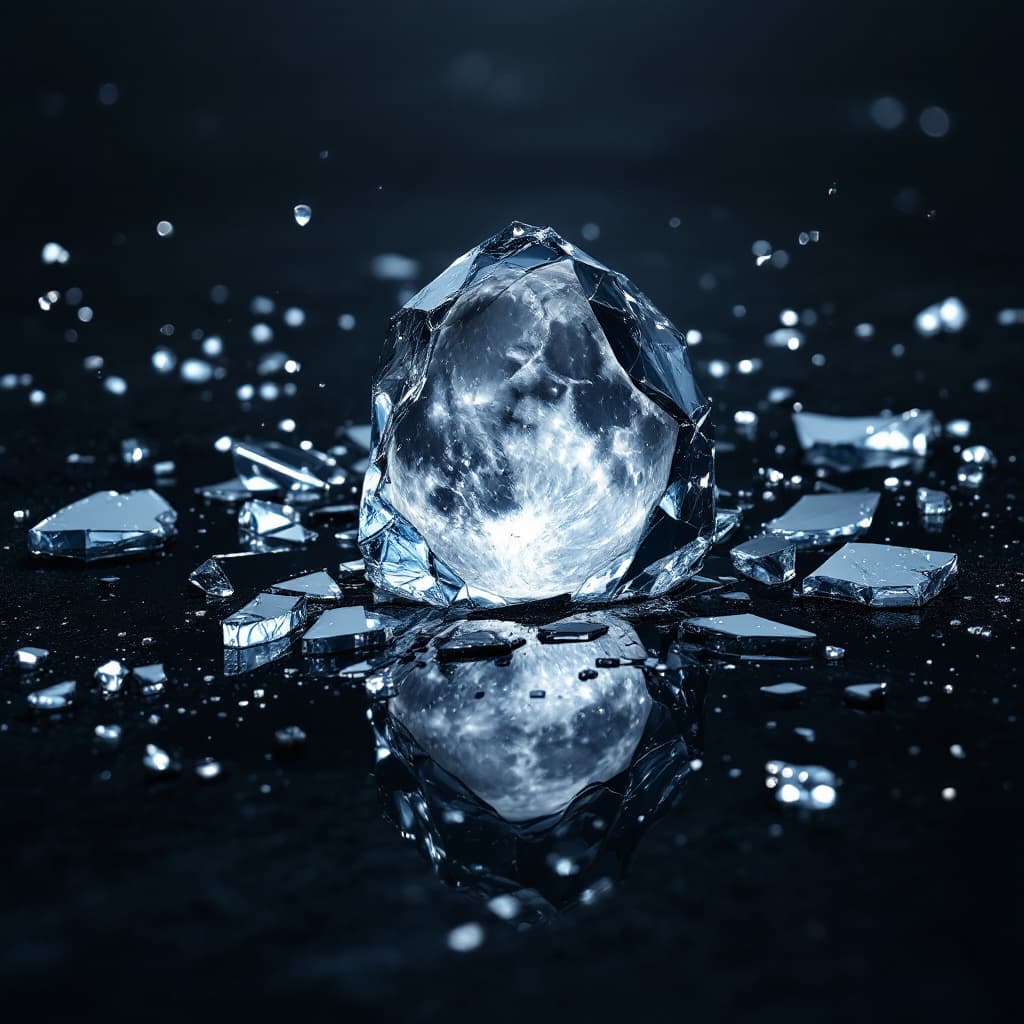 AI generated: highly reflective glass showing the full moon in it's brilliance and detail, the glass is shattered ...
