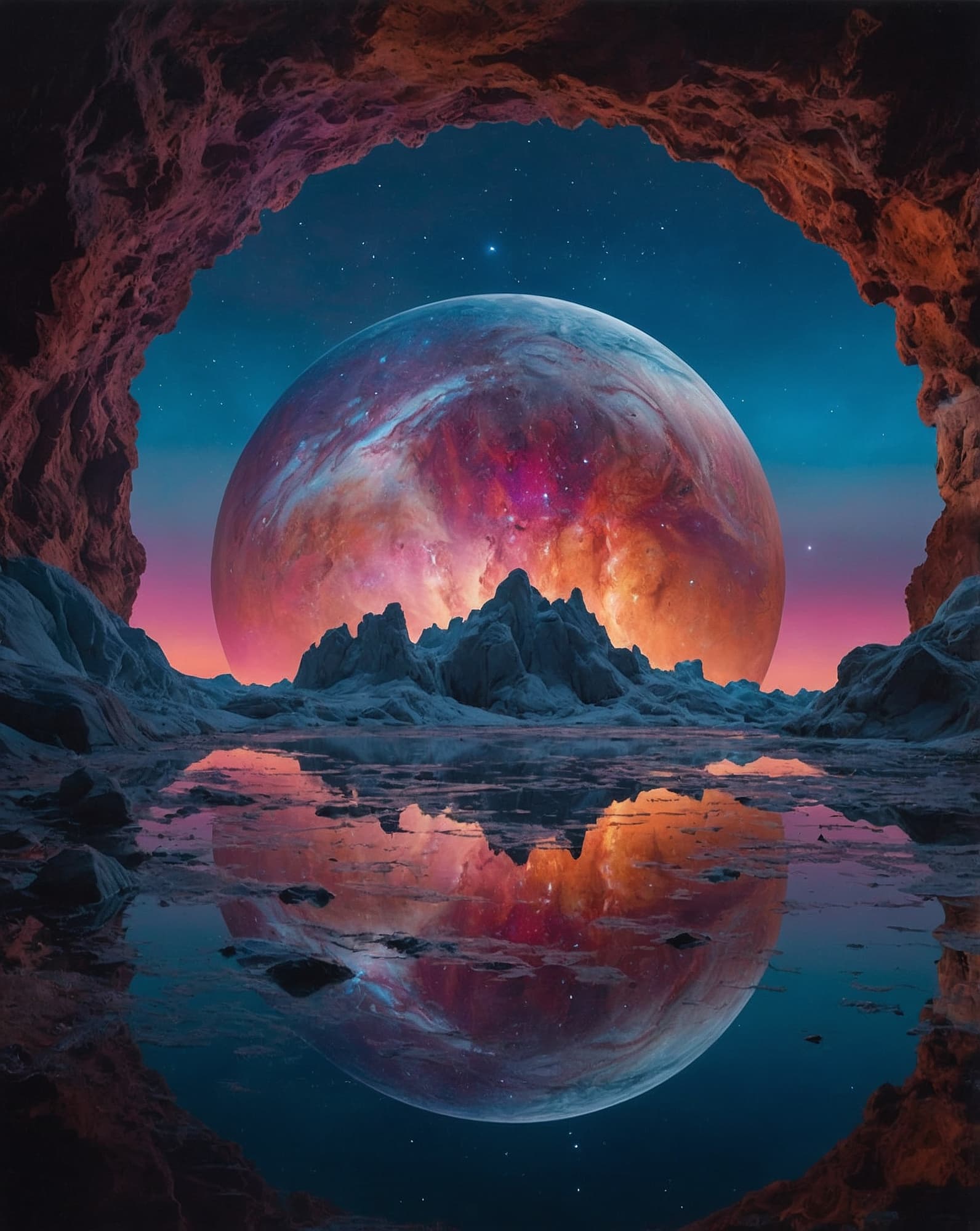 AI generated: A dazzling, otherworldly portal in the shape of a mirror reveals a galaxy of plush clouds and the di...
