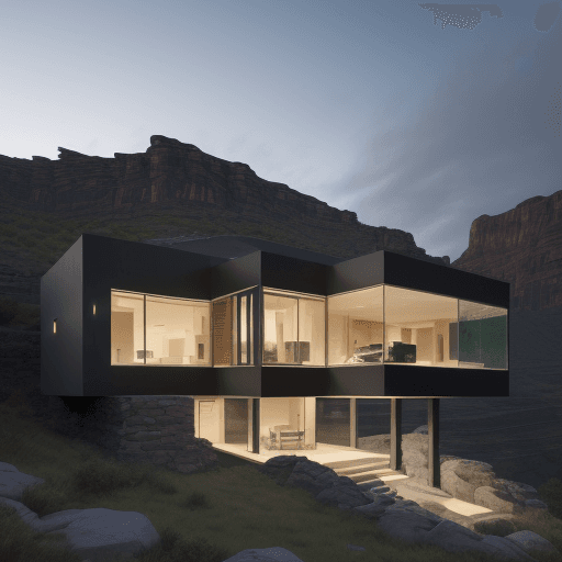 AI generated: modern house with structurally floating overhangs. house with glass windows and low stone walls, aus...