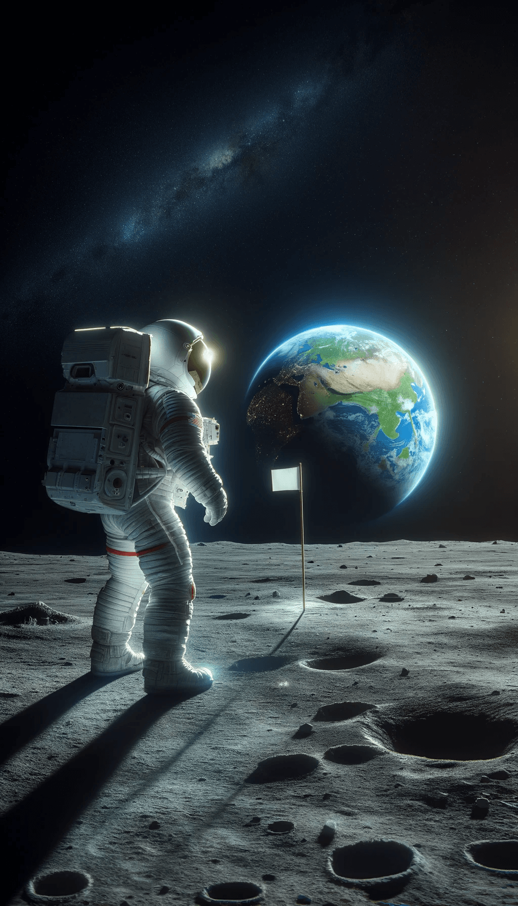 AI generated: An astronaut standing on the moon, looking at Earth in the distance, with a flag planted next to the...