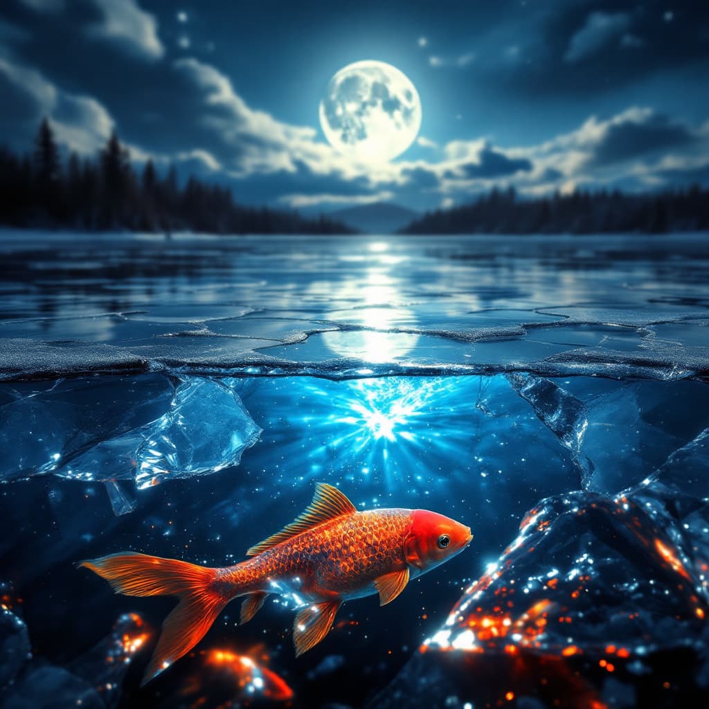 AI generated: highly reflective ice on lake minutely fractured showing the full moon in it's brilliance and detail...