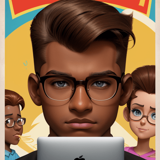 AI generated: Disney movie posters, quiff cut, glasses, brown skin, Macbook