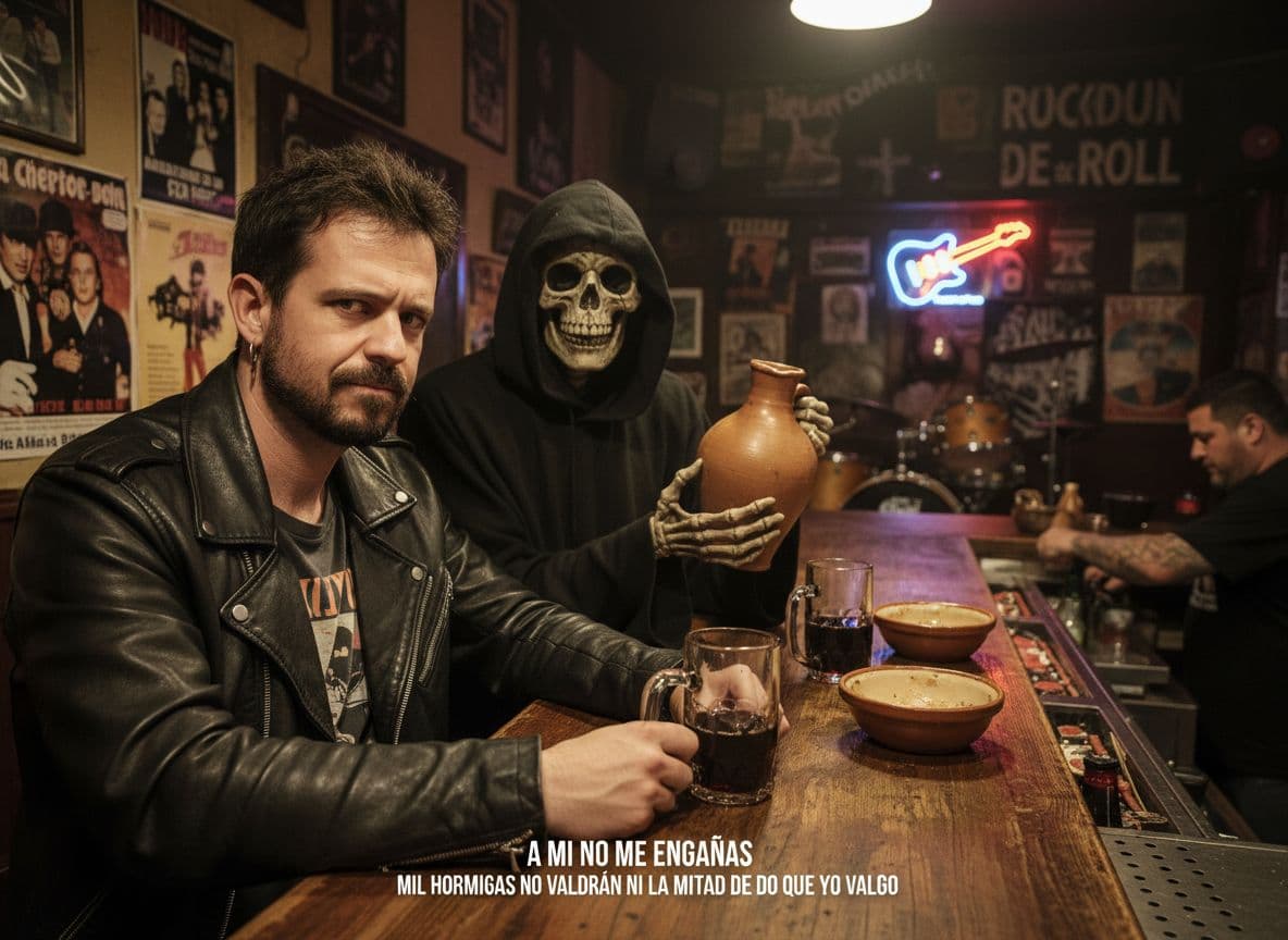 AI generated: Quiero que me des al tipo de las imágenes en un bar de Rock and roll bebiendo con la muerte. Quiero ...
