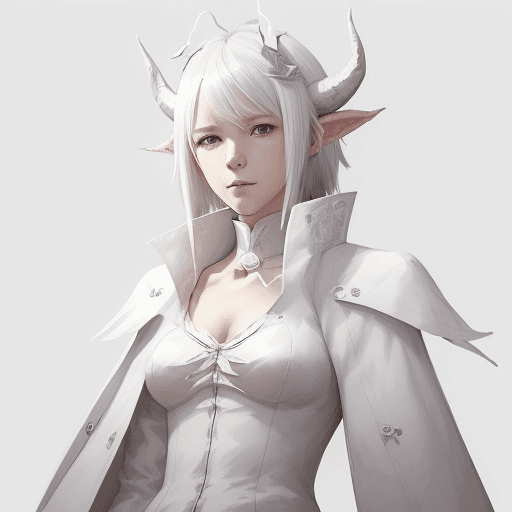 AI generated: A white-haired girl in white dress with open coat sits with a dragon tail and white horns, in the an...