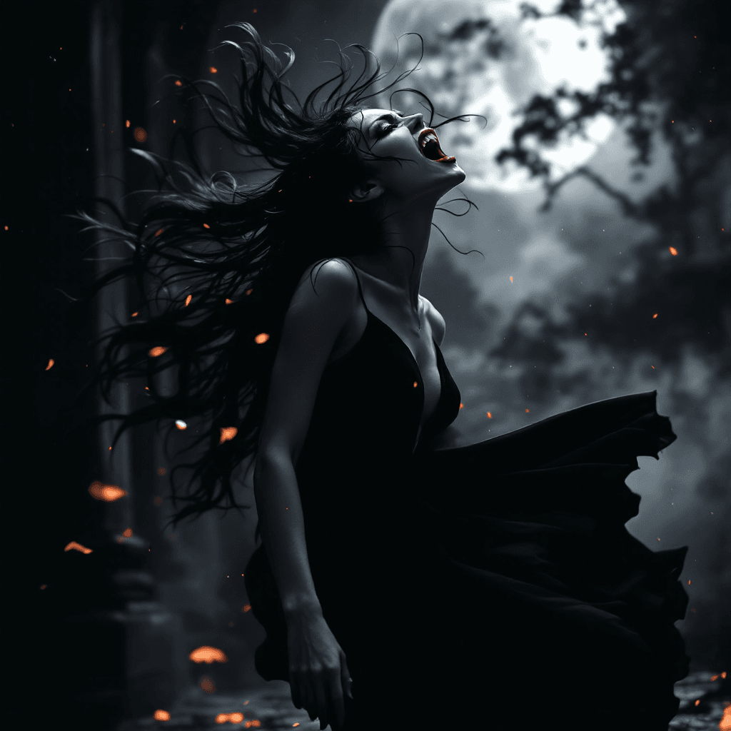 AI generated: female vampire, full body pose, long incisors bared, mouth open revealing fangs, dramatic black long...
