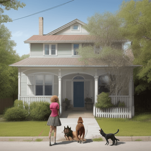 AI generated: house with person in front with a dog and a cat next to them. The house has a big sign that says "FO...
