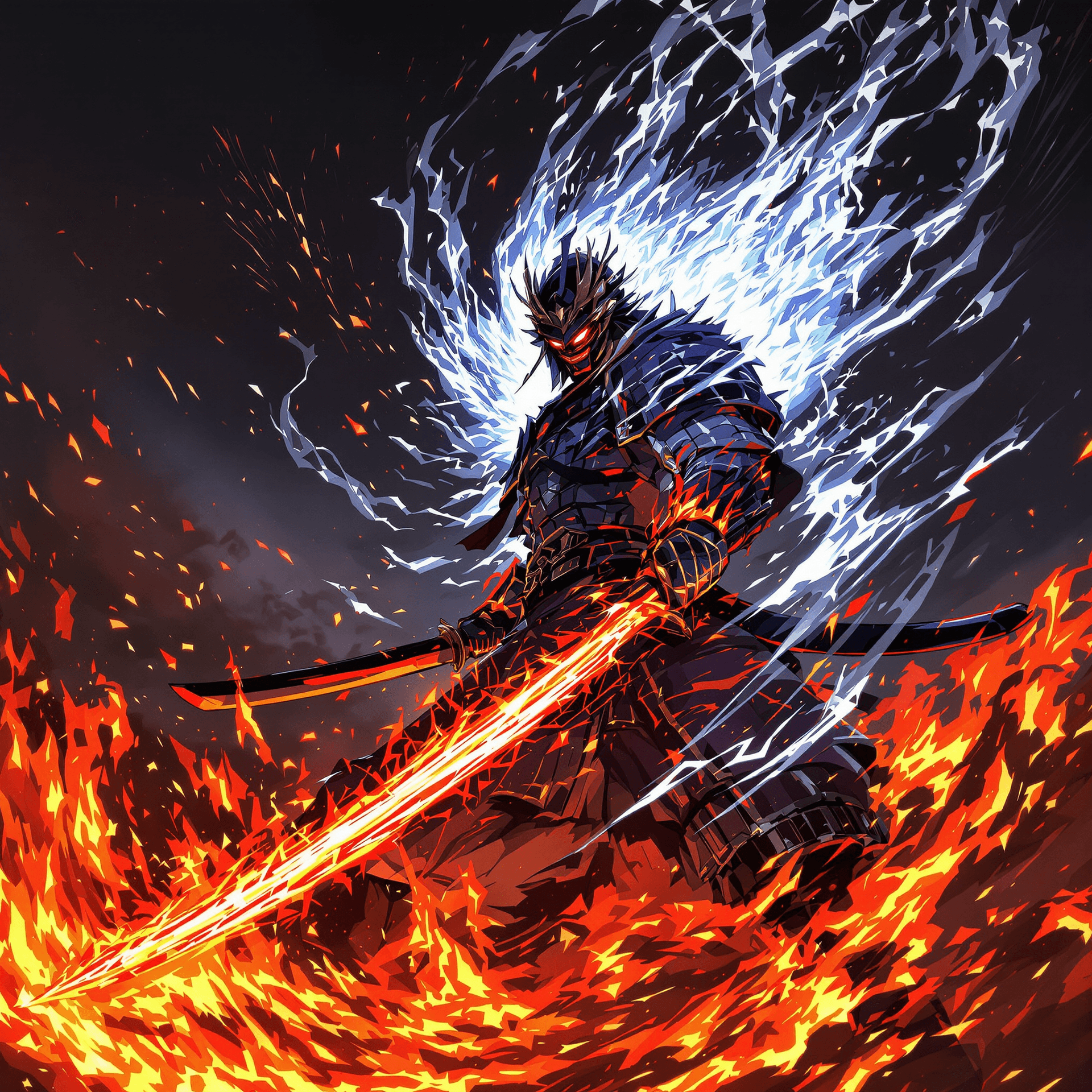 AI generated: Generate an in of an anime samurai, his sword glowing and is surrounded with black flames. He has a ...