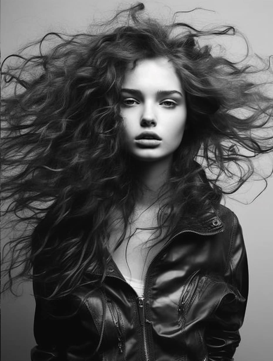 AI generated: a black and white photo of a woman , i-d magazine, hair floating covering chest, she is about 1 6 ye...