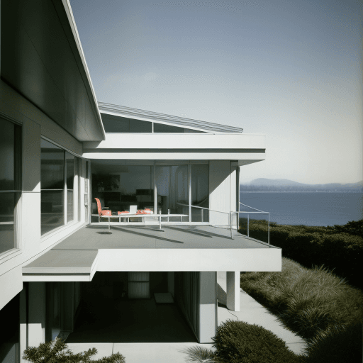 AI generated: Hyper realistic eye level exterior photo of a mid century modern style house overlooking the ocean, ...