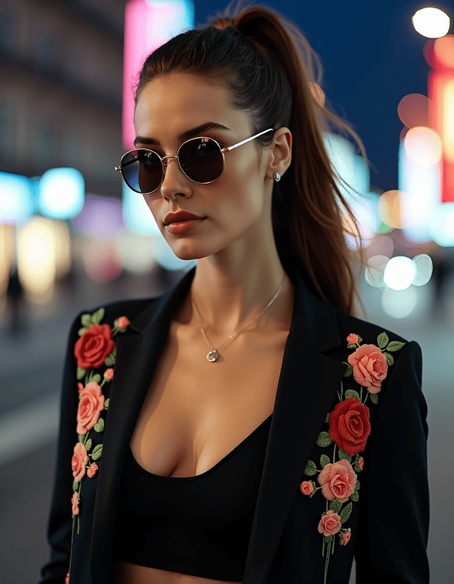 AI generated: A realistic nighttime photograph of a striking woman with long brunette hair styled in a ponytail. S...