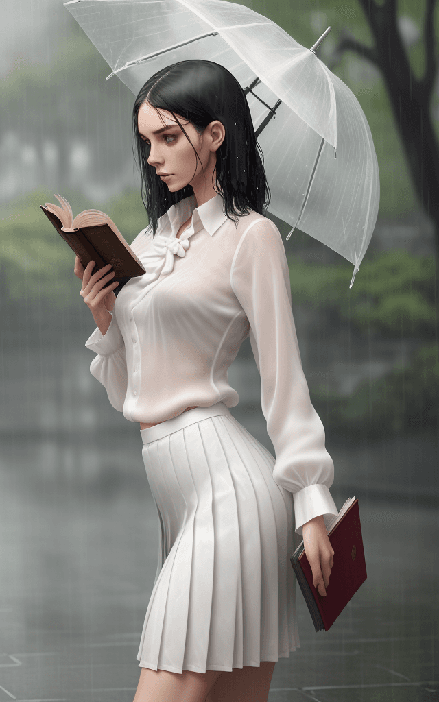 AI generated: a skinny woman wearing a wet white silk blouse and pleated skirt under the rain in a park, she prote...
