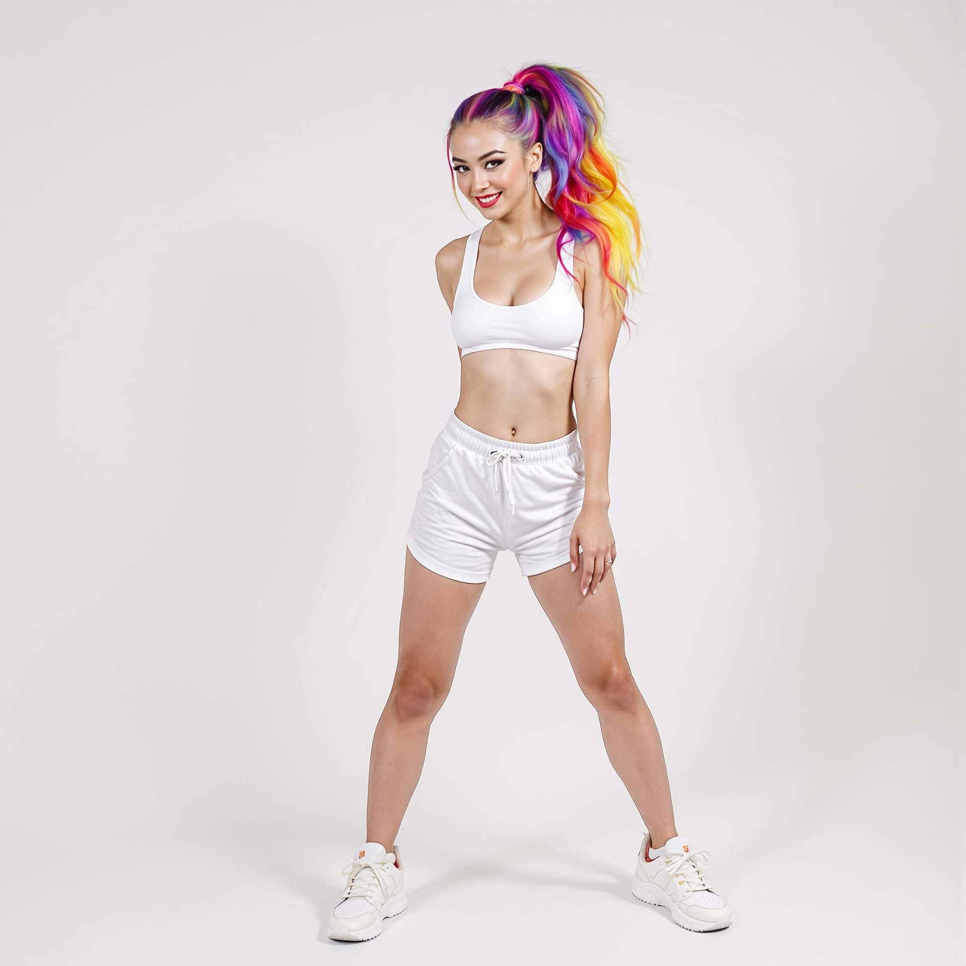 AI generated: A professional photograph of a woman is striking a pose against a white backdrop. She is wearing whi...