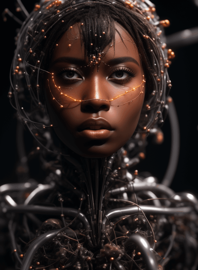 AI generated: cinematic close-up photo of an ethereal neural network organism, divine dark skin woman, anatomical ...