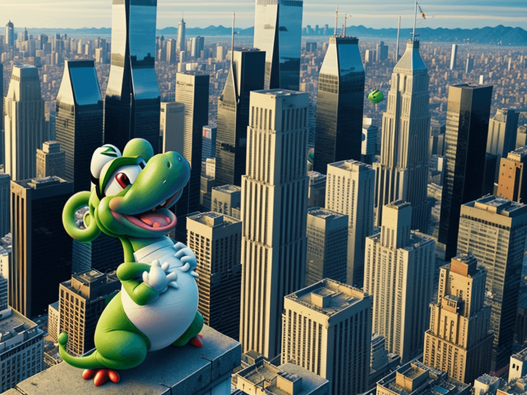 AI generated: yoshi on top of a city 
