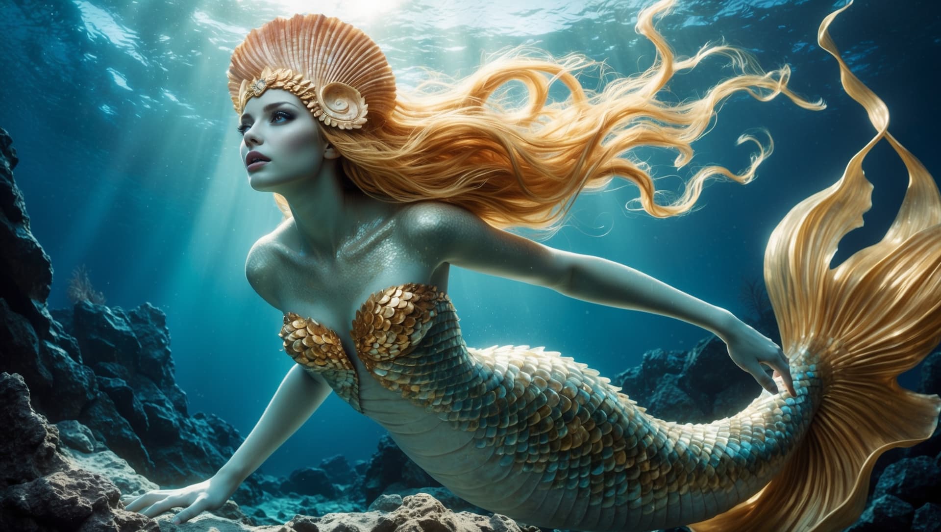 AI generated: In the depths of an underwater world, a beguiling siren with shimmering scales and flowing golden ha...