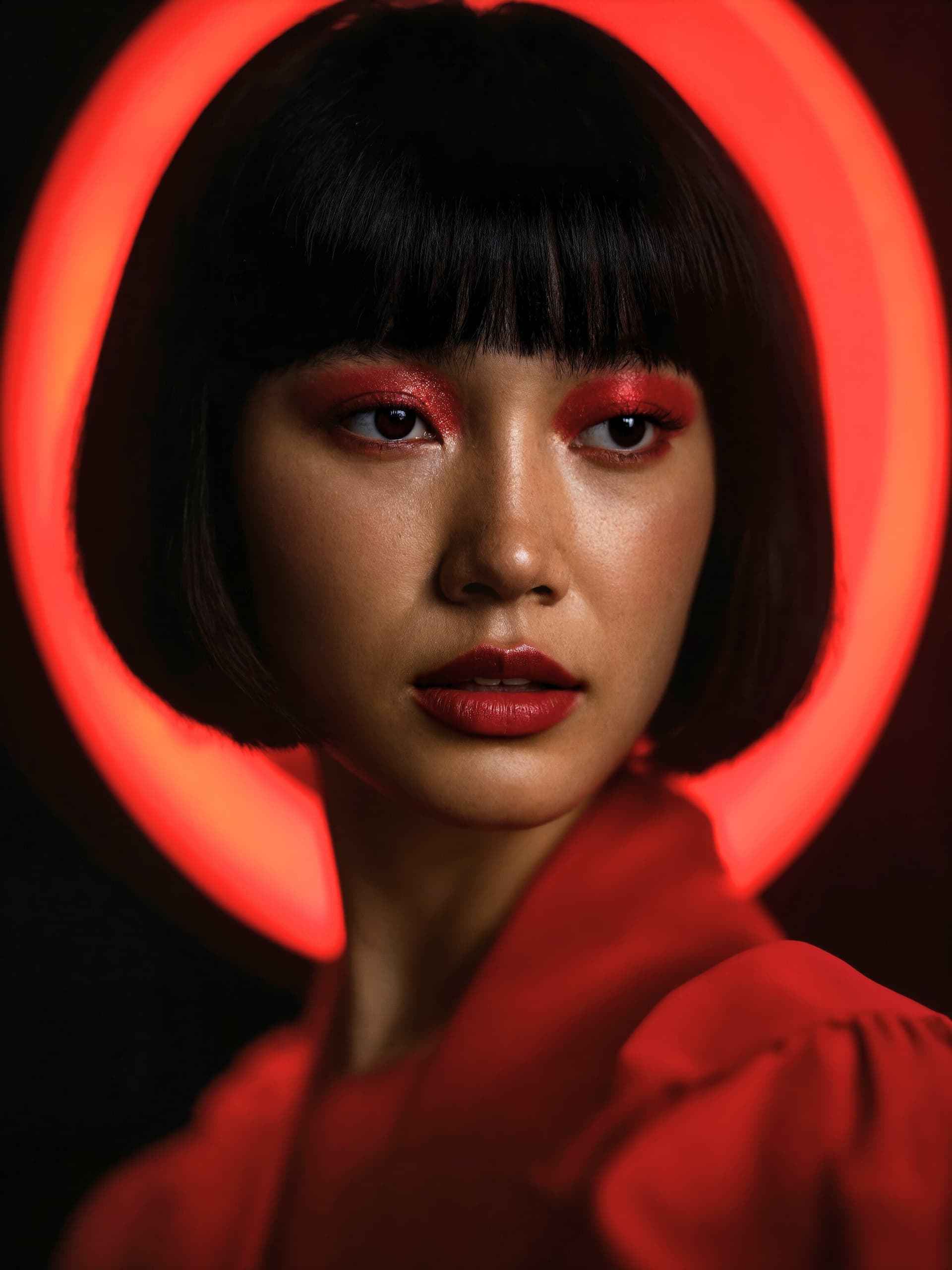 AI generated: ultra realistic portrait photography, young woman with short black bob haircut and blunt bangs, illu...