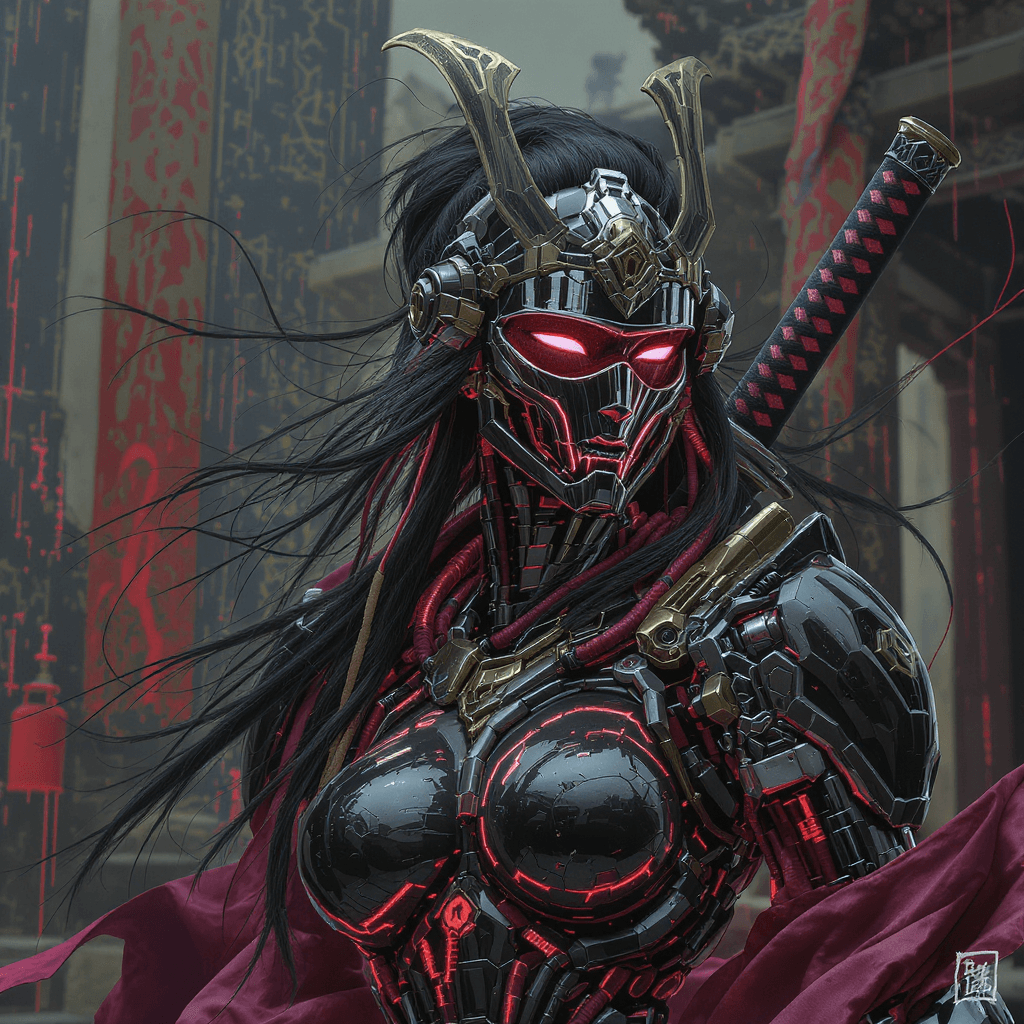 AI generated: in the style of ck-sfc, female cyberpunk robot samurai, robot face with mirrored face shield, hyperd...