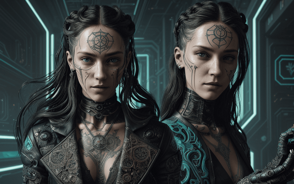 AI generated: tarot card with intricate detailed frame around the outside, portrait of cyberpunk head with long ha...