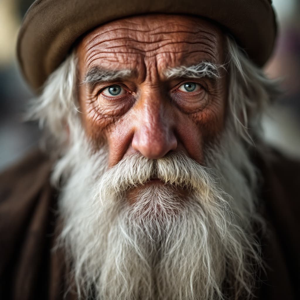 AI generated: The image features an older man, a long white beard and mustache, wearing a hat. He has a stern expr...