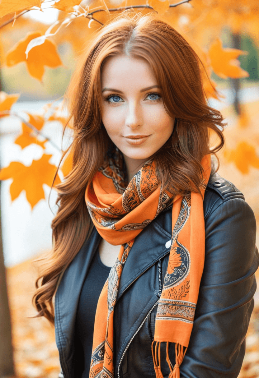 AI generated: breathtaking beautiful woman, long auburn hair, light-blue eyes, full lips, gorgeous smile, standing...