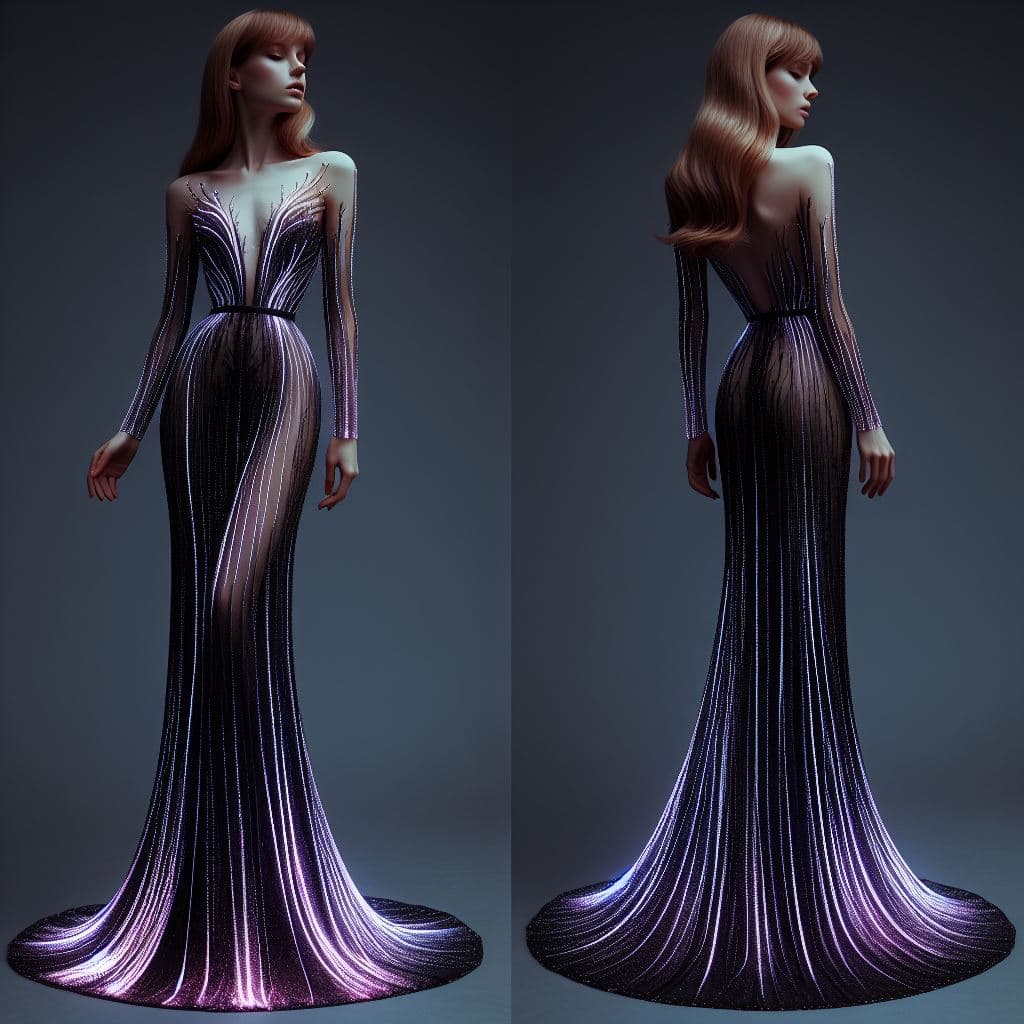 AI generated: full body woman, portrait, thin long bioluminescent gown dress long and thin