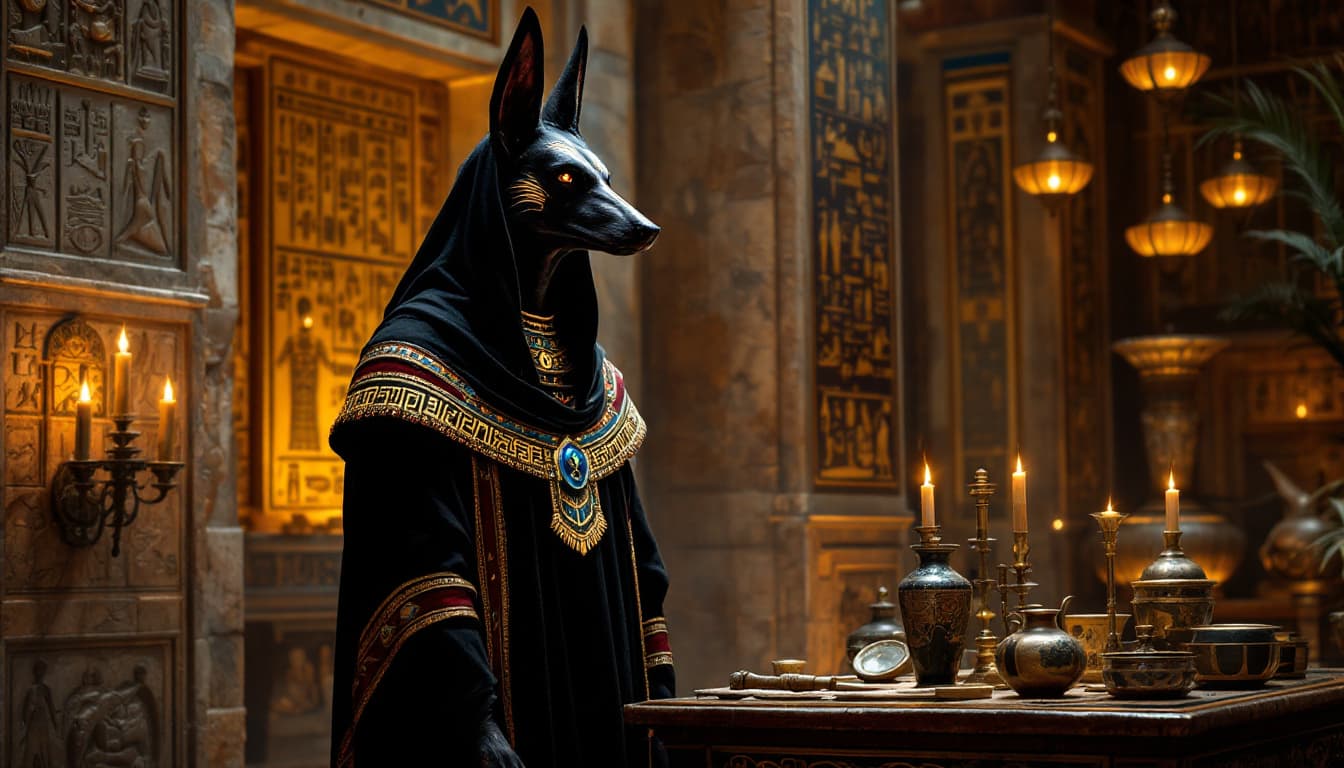 AI generated: Anubis, the jackal-headed deity, stands with a commanding presence in the sacred mummification chamb...