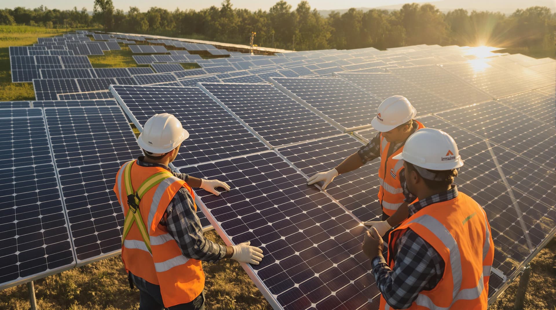AI generated: /imagine prompt: Photorealistic solar farm installation, diverse engineering team in high-visibility...