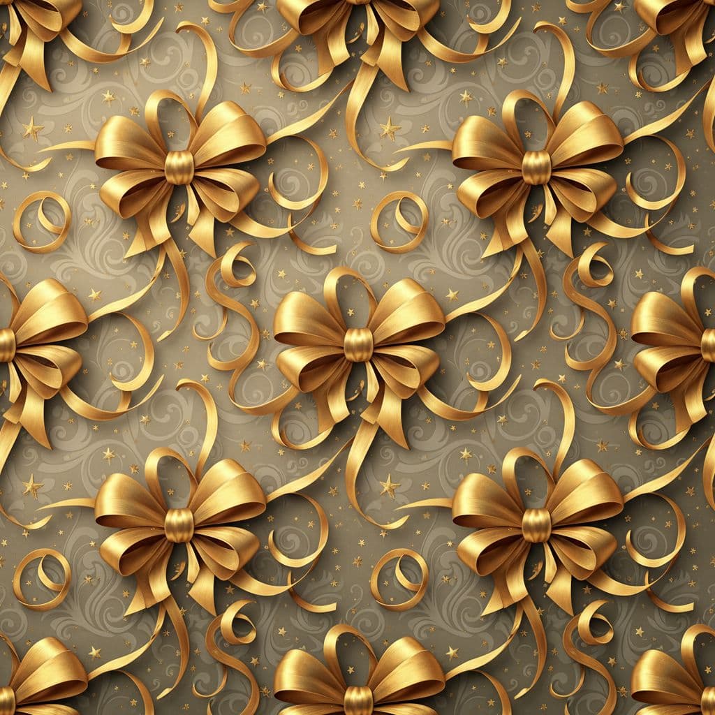 AI generated: 3D seamless wrapping paper with gold ribbons and bows