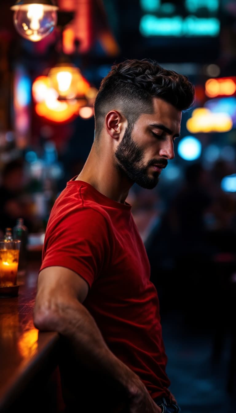 AI generated: Profile photograph of a handsome caucasian man, dark burst-taper hair, short trimmed shaved beard, w...