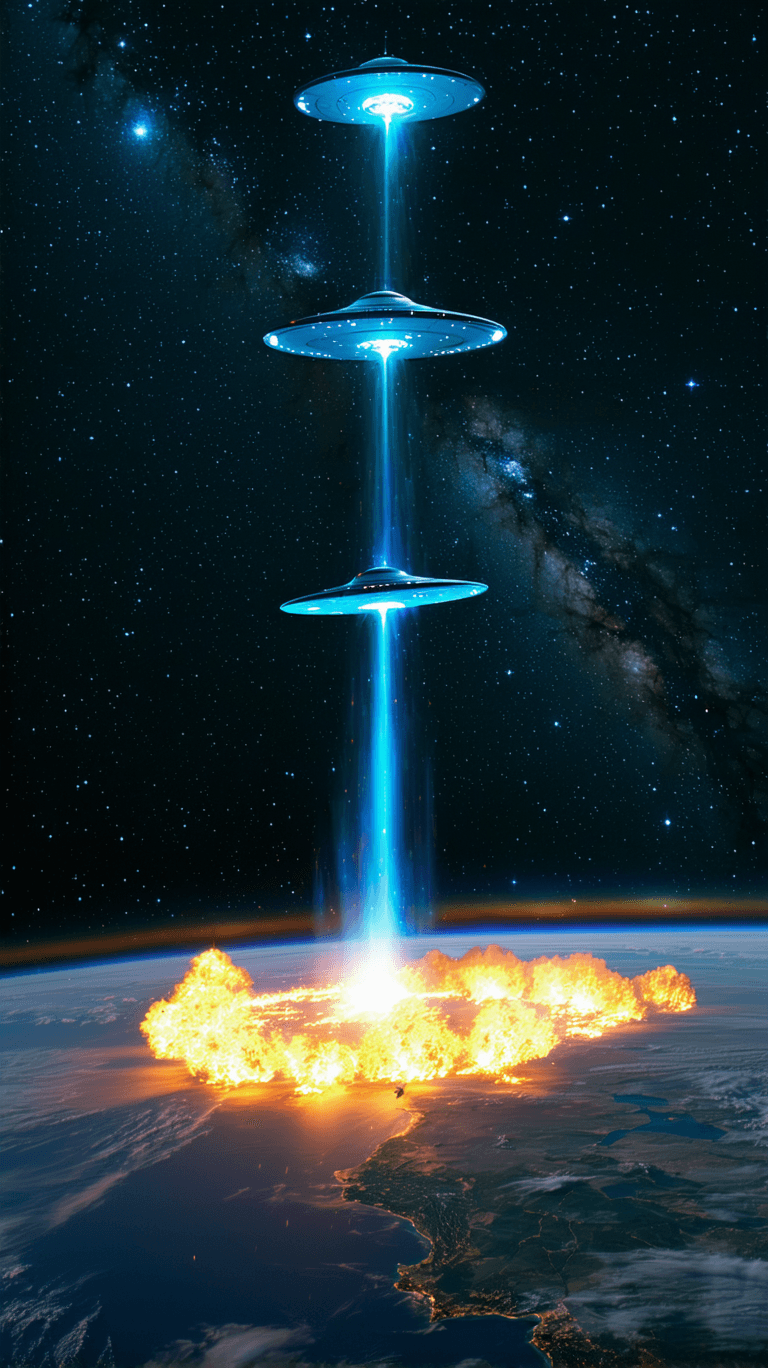 AI generated: 3 ufos hitting ground of earth with lasers,flames huge, cinematic lighting,star trail.