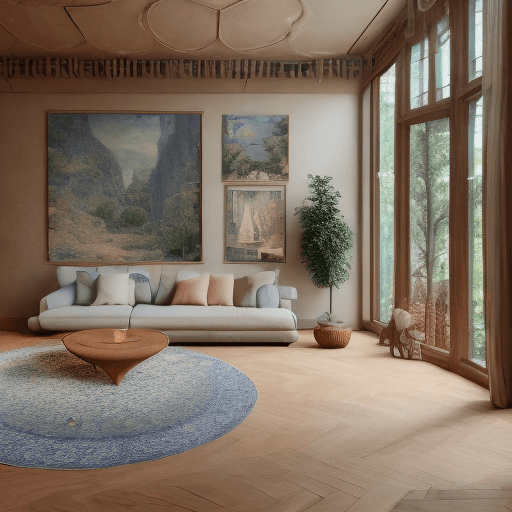 AI generated: High resolution photography interior design, dreamy sunken living room conversation pit, wooden floo...