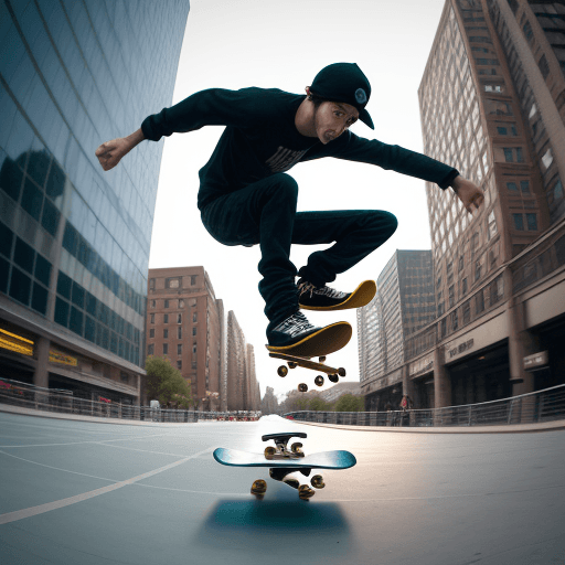 AI generated: photography, dynamic range, in the city, ollie motion with professional man skateboarder, combat boo...