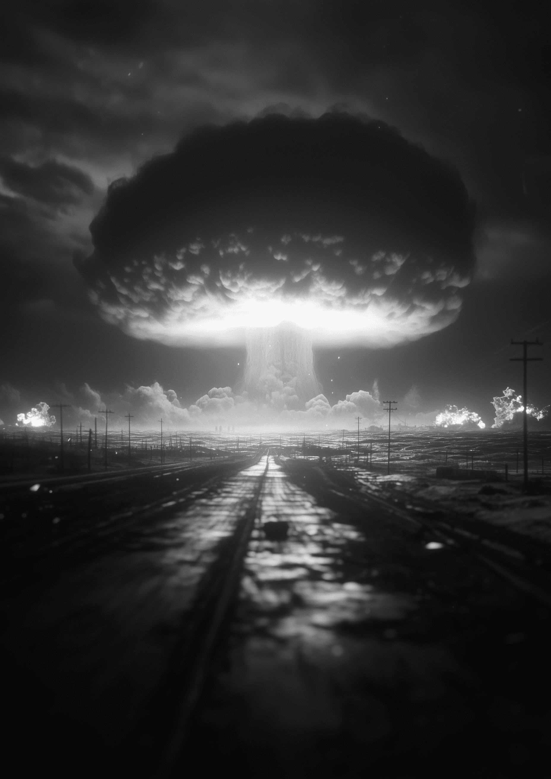 AI generated: A mushroom cloud from an atomic bomb explosion over the Pacific Ocean, seen in black and white. The ...
