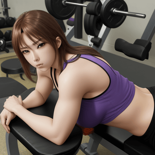 AI generated: Photo of a ultra realistic attractive anime woman lying down on a gym bench bench pressing
