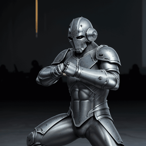 AI generated: Warforged, Pugilist, Dark Silver Body, Battle Damage, Expressionless Helmet, Smooth Metallic Plate, ...