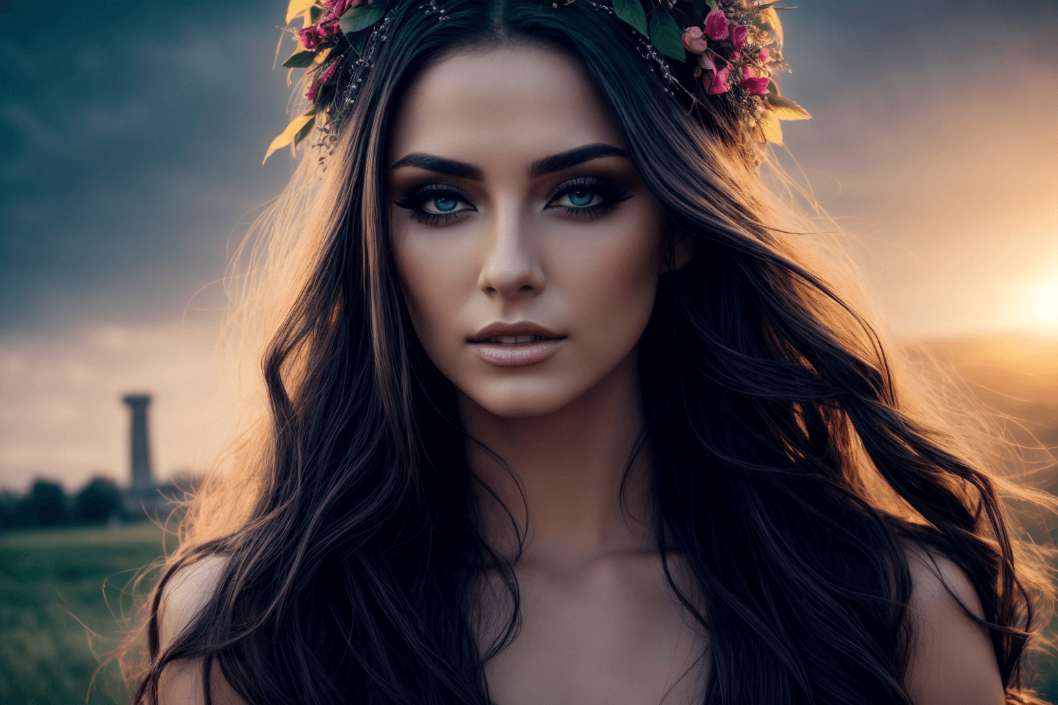 AI generated: Beautiful pagan druid, stonehenge, ritual, Victoria Frances, luis royo, (french:0. 3, italian:, Roma...