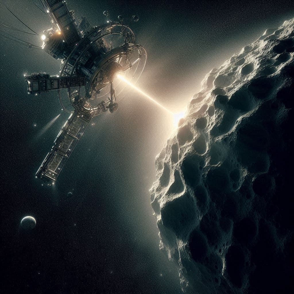 AI generated: An asteroid-lander drilling an asteroid, in the style of realistic hyper-detailed rendering, dark sp...