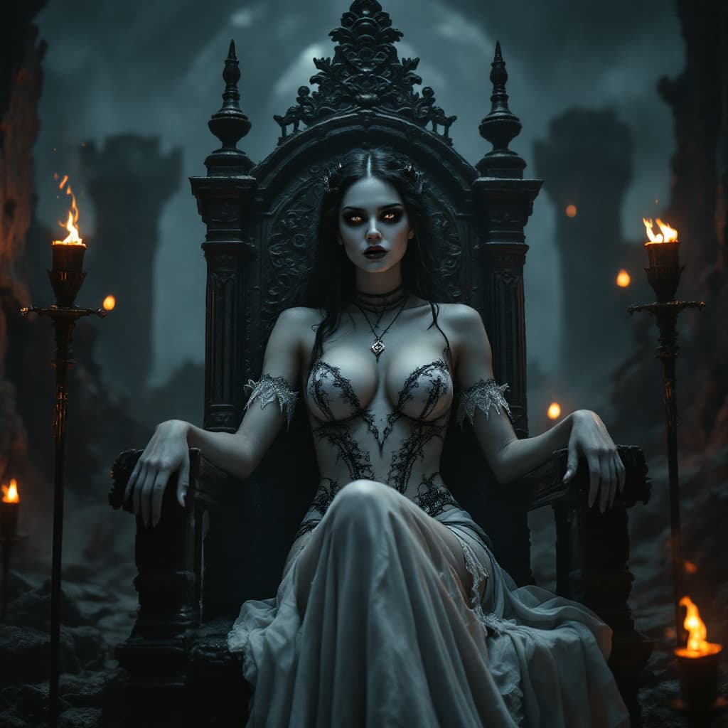 AI generated: A sultry Queen of the Underworld sits atop a ruined medieval throne, surrounded by the remnants of a...