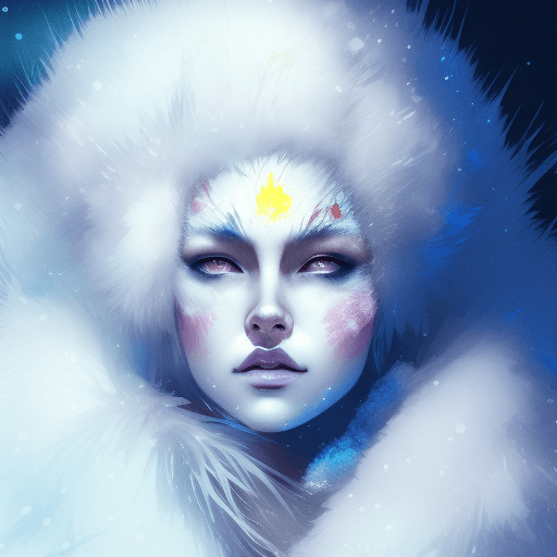 AI generated: Queen of the Winter Night, draped in white crayola with fluffy fur, face painting, dramatic lighting...