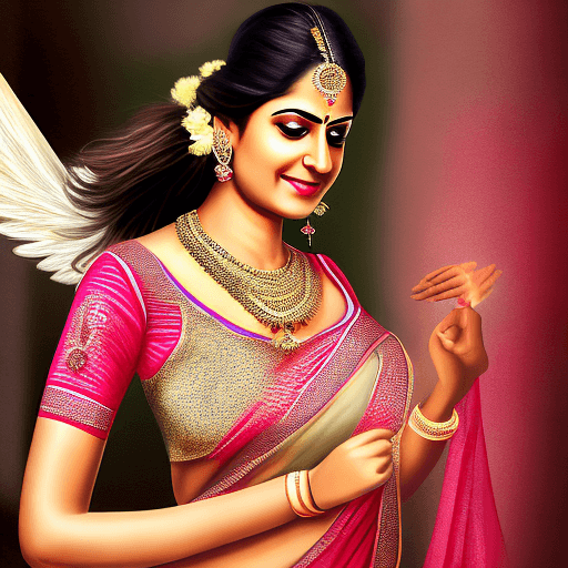 AI generated: High resolution full realistic image of indian angel in only saree having one breast open.