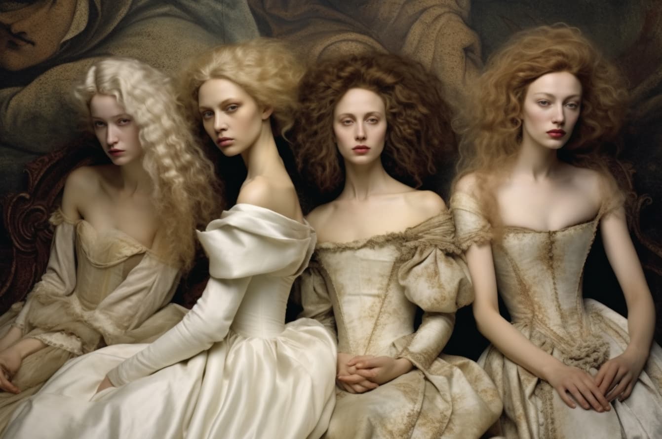 AI generated: a group of women sitting next to each other, by Annie Leibovitz, renaissance, hair flowing, karol ba...