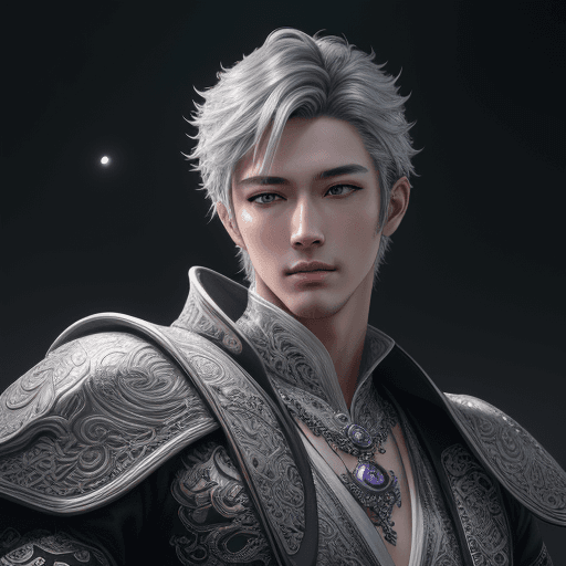 AI generated: Handsome detailed face, detailed digital illustration, gorgeous man sitting on silver_ornatrs_cresce...