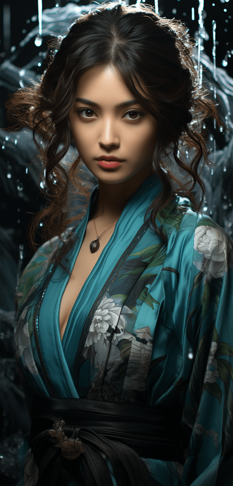 AI generated: a beautiful Japanese woman in a green kimono holding her sword in, in the style of hyper-realistic w...