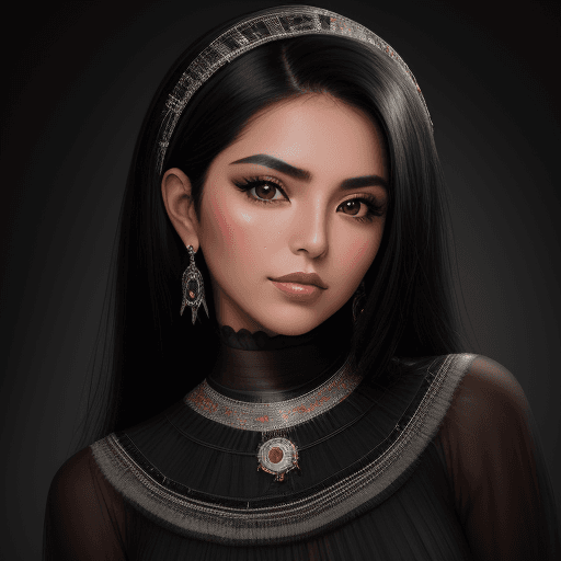 AI generated: Portrait of a beautiful Mexican lady, with jet black hair, simply elegant look, film grain, high qua...